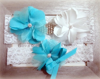 Wedding Garter Set - WHITE Lace Bridal TURQUOISE and WHITE Flowers Rhinestone Diamond applique show & Turquoise Flower Turquoise Bow Toss