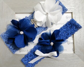 Wedding Garter Set - Royal BLUE Lace Bridal Royal Blue and WHITE Flowers Rhinestone Diamond applique show & Royal Blue Flower White Bow Toss