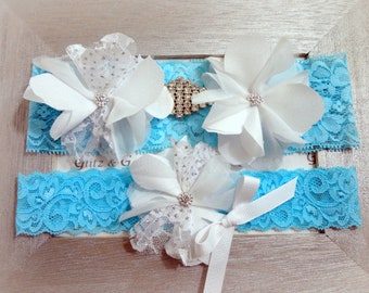 Wedding Garter Set - Light BLUE Lace Bridal Garter WHITE Flowers Rhinestone Diamond applique show & White Flower White Bow Toss