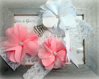Wedding Garter Set - WHITE Lace Bridal PINK and WHITE Flowers Rhinestone Diamond applique show & Pink Flower White Bow Toss