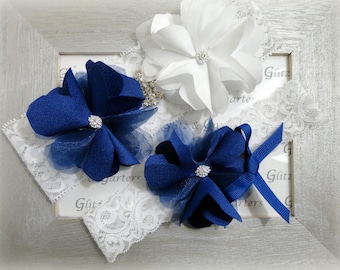 ROYAL BLUE and WHITE Flowers on White Lace Wedding Garter Set, Bridal Garter, Crystal, Satin Bow Show & Royal Blue Flower and Bow Toss