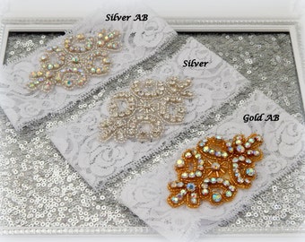 CUSTOM CRYSTAL Rhinestone Wedding Garter Set, Bridal Garter - Choose Your Rhinestone and Lace Color! Crest Show and Dual Crystal Toss