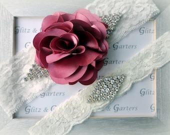 PINK SATIN Flower with Rhinestones Wedding Garter Set, Bridal Garter, Puff Flower, Diamond Pattern Crystal Show & Crystal Toss