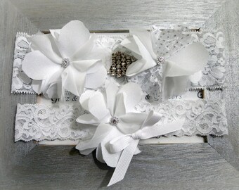 Wedding Garter Set - WHITE Lace Bridal Garter WHITE Flowers Rhinestone Diamond applique show & WHITE Flower White Bow Toss