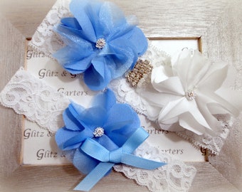 Wedding Garter Set - WHITE Lace Bridal Light BLUE and White Flowers Rhinestone Diamond applique show & Light Blue Flower Light Blue Bow Toss