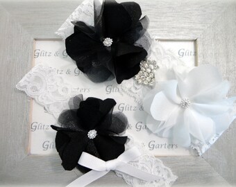 Wedding Garter Set - WHITE Lace Bridal Garter BLACK and WHITE Flowers Rhinestone Diamond applique show & Black Flower White Bow Toss