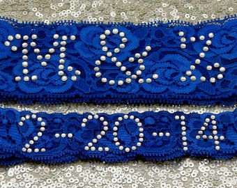 Monogram RHINESTONE PHRASE 'Initials' Crystal Wedding Garter Set, Bridal Garter on Royal BLUE Lace Show & Rhinestone Date Toss Garter