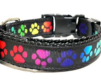 Pawprint Rainbow Dog Collar - Adjustable Dog Collar - Pattern Dog Collar - Dog Collar - 3/4"