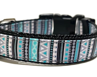 Aztec Dog Collar - Adjustable Dog Collar - Turquoise and Gray Aztec - 3/4"