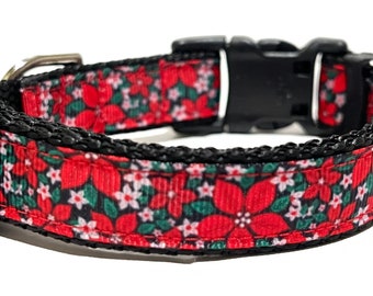 Christmas Dog Collar - Adjustable Dog Collar - Poinsettia - 3/4"