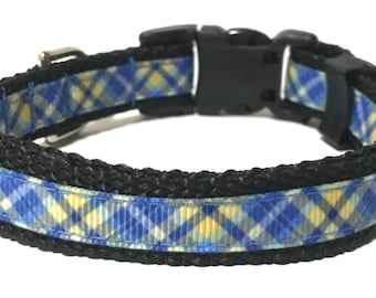 Plaid Dog Collar - Adjustable Dog Collar - Blue and Yellow Plaid - 5/8"