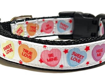 Conversation Hearts Dog Collar - Adjustable Dog Collar - Valentines, Valentine, Heart, Love - 3/4"