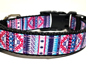 Aztec Dog Collar - Adjustable Dog Collar - Pink and Turquoise Aztec - 3/4"