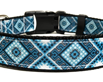 Aztec Dog Collar - Adjustable Dog Collar - Turquoise and White Aztec