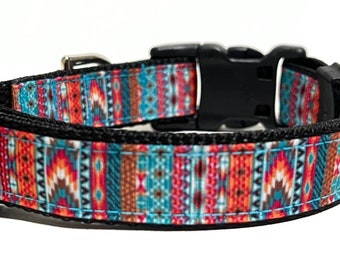 Aztec Dog Collar - Adjustable Dog Collar - Pink, Orange, and Turquoise Aztec - 3/4"