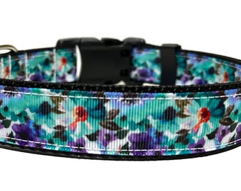 Floral Dog Collar - Adjustable Dog Collar - Teal and Purple Floral Dog Collar