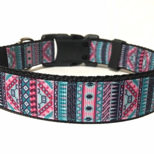 Aztec Dog Collar - Adjustable Dog Collar - Pink and Turquoise Aztec