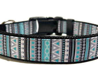 Aztec Dog Collar - Adjustable Dog Collar - Turquoise and Gray Aztec