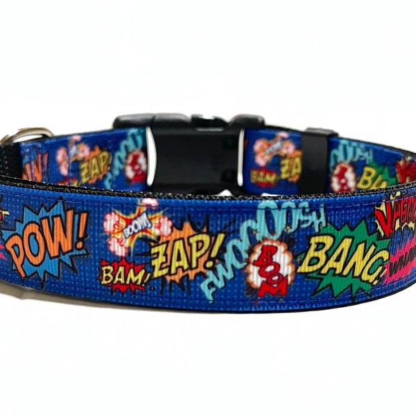 Superhero Dog Collar - Adjustable Dog Collar - Comic Book Sayings - Superhero Sayings - Superhero Sounds