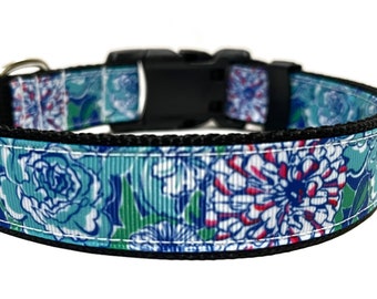 Floral Dog Collar - Adjustable Dog Collar - Blue Floral Dog Collar