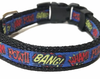 Superhero Dog Collar - Adjustable Dog Collar - Comic Book Sayings - Superhero Sayings - Superhero Sounds - 5/8"