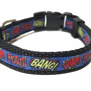 Superhero Dog Collar - Adjustable Dog Collar - Comic Book Sayings - Superhero Sayings - Superhero Sounds - 5/8&quot;