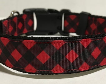 Plaid Dog Collar - Adjustable Dog Collar - Red and Black Plaid - Buffalo Plaid