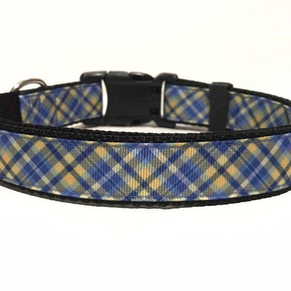 Plaid Dog Collar - Adjustable Dog Collar - Blue and Yellow Plaid