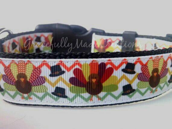 Thanksgiving Dog Collar - Adjustable Dog Collar - Chevron, Turkey, Pilgrim Hat