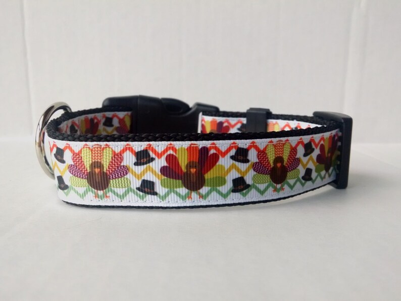 May include: White dog collar with a Thanksgiving turkey pattern. The collar has a black buckle and a silver D-ring.