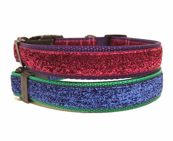 Ruby Red Dog Collar with Black Leather + Multicolored Stitching