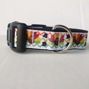 May include: A white dog collar with a Thanksgiving turkey pattern. The collar has a black buckle and a silver D-ring.