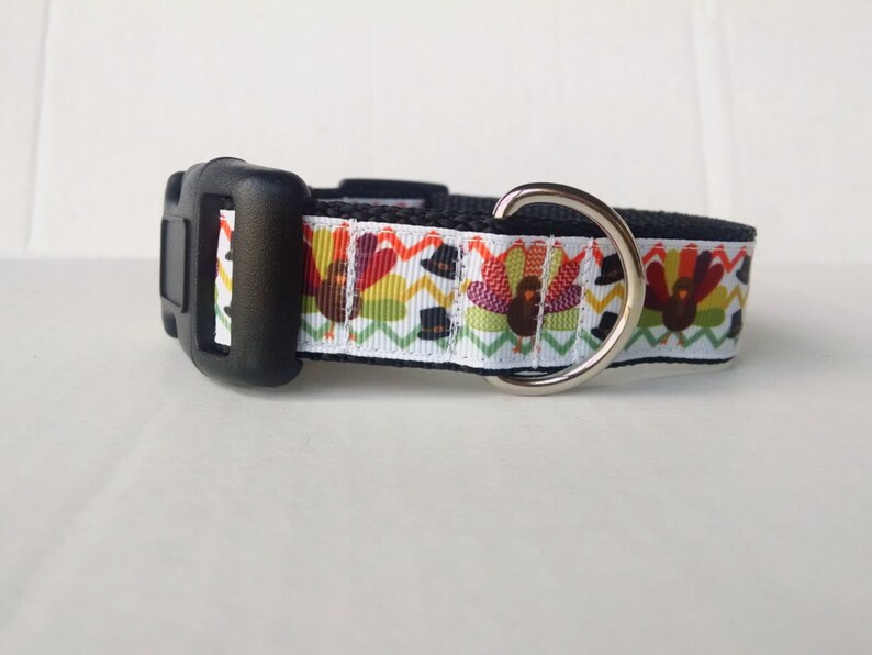 May include: A white dog collar with a Thanksgiving turkey pattern. The collar has a black buckle and a silver D-ring.