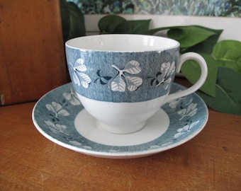 Vintage Gift for Her for Her Equestrian Gift Lucky Horseshoe Teacup and Saucer Blue and Pink Floral in an English Countryside