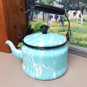 May include: A light blue and white marbled enamel tea kettle with a black handle and a black lid knob. The kettle features a curved spout, a rounded body, and a metal swing handle attached to the sides, showcasing a smooth, glossy finish.