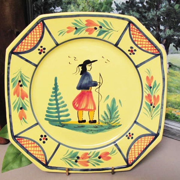 French Quimper HB Soleil Yellow Luncheon Plate ~ Hand Painted ~ Octagonal ~ Man ~ Lattice ~ circa 1930s B