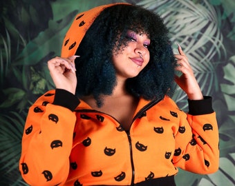 Crop Orange Black Cat Hoodie Plus Size 2x retro vintage style Pinup Spooky pastel