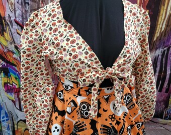 Crop Orange off white Spooky donuts candy Balloon Sleeve Shirt Top Wrap Plus Size 3x retro vintage style gyspy witch goth pinup