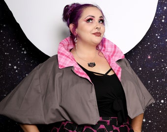 Gray Pink Plaid Kawaii Punk Capelet Mini Cape Plus Size 1X 2X 3X 4X retro vintage style Halloween Spooky