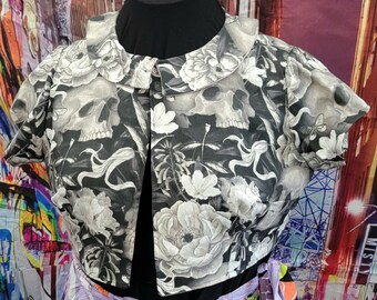 Black and Gray Roses Skull Crop Jacket Plus Size 2x retro vintage style Pinup Spooky pastel