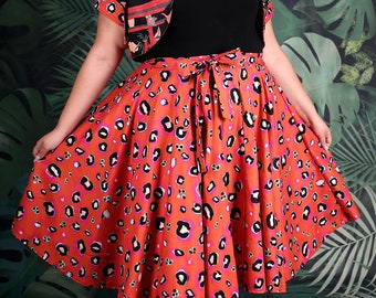 Extra Full Circle Wrap Skirt Rust Red Leopard Tiki Tropical Viva Las Vegas Plus Size Pin Up Retro Rockabilly Psychobilly Pinup