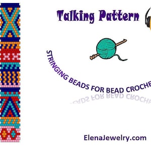 Peut inclure: Un motif de bracelet en perles colorées avec des instructions pour le crochet de perles. Le motif comprend un téléchargement mp3 de motif parlant.  "STRINGING BEADS FOR BEAD CROCHET IS FUN NOW" est écrit autour de l'image.