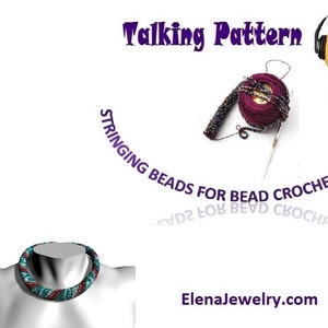 May include: A beaded necklace with a turquoise and red pattern. The image also shows a close-up of the beads and a skein of yarn. The text "Talking Pattern mp3 STRINGING BEADS FOR BEAD CROCHET IS FUN NOW" is written in a purple font around the image. The text "ElenaJewelry.com" is written in a purple font at the bottom of the image.