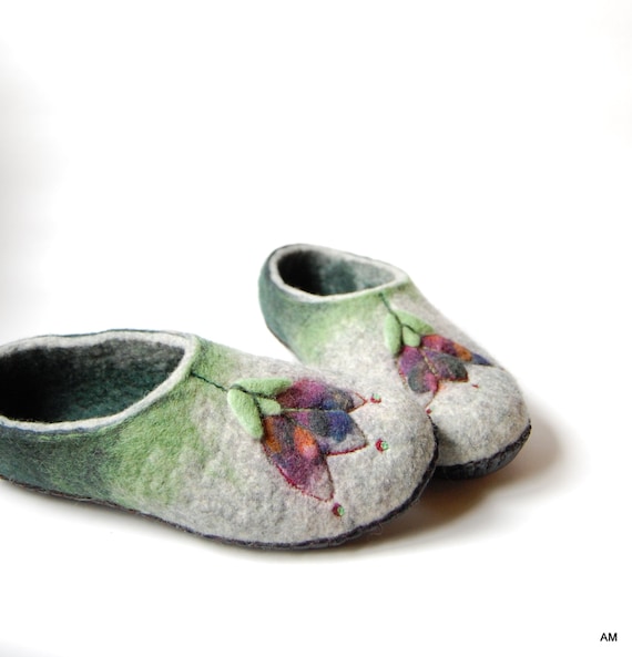 Felt Wool Slippers Tulips Art Slippers Felted Slippers Green Women