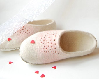 Wedding felted slippers White wool with pink perforation ornament - womens woolen house shoes - housewarming gift for her - to order