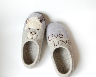 Llama art felted wool slippers for women - Grey felt slippers - Live Love wool house shoes - houswarming gift for her - to order