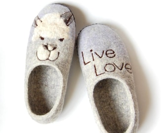 Llama art felted wool slippers for women - Grey felt slippers - Live Love wool house shoes - houswarming gift for her - to order
