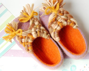 Girls slippers - felted slippers - toddler girls home shoes - orange wool felt slippers - gift for sisters - 12,5 US and 8,5US