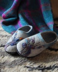 Dragonfly art felted slippers for women, Grey and emerald green Wool house shoes with leather soles, Handmade slippers - to order product logo