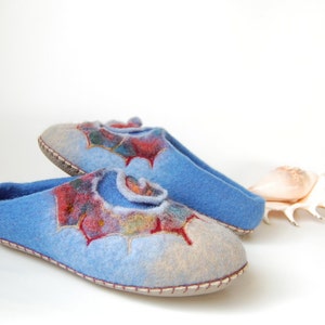 Serenity Blue Felted Slippers Womens Wool Home Shoes Shells Art housewarming gift for her - to order
